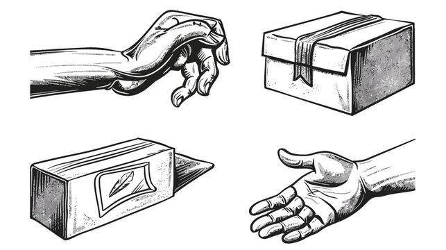Monochrome illustration of hands interacting with packages in different orientations