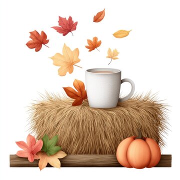Autumn harvest scene with mug of hot milk on hay bale and falling leaves - cozy seasonal design on white background