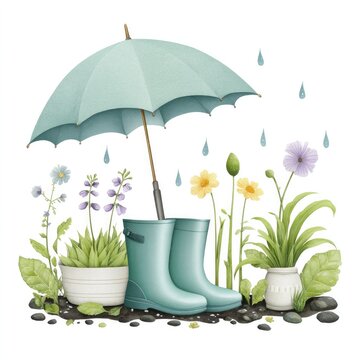 Charming watercolor cartoon clipart of rain boots and umbrella amidst lush greenery and colorful flowers for seasonal design and decoration on white background