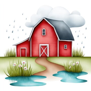 Charming watercolor cartoon of red barn in rainy landscape with puddles for seasonal design on white background