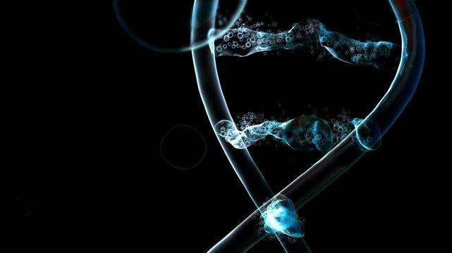 DNA molecule from particles. has water splash appearance, transparent. can be used in education, science or medicine industry background. On black background. Animation, 3D Render.