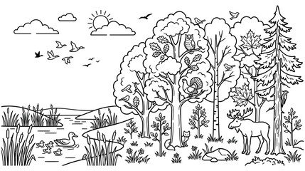 Obraz premium Forest landscape nature scene trees animals river plants wildlife outdoor illustration