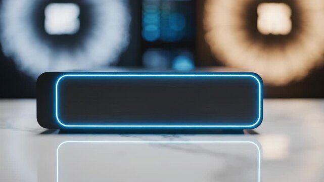 Futuristic Bluetooth Speaker with Dynamic Blue Light Effects on a Reflective Surface.