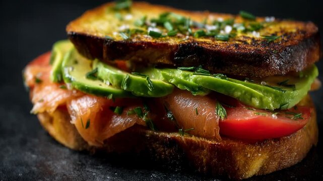Gourmet smoked salmon avocado toast with fresh tomato and chives on dark background