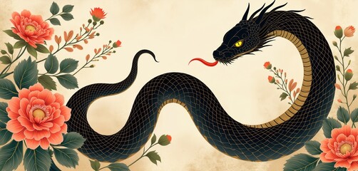 Fototapeta premium Black serpent with golden scales entwined with blooming flowers. Elegant oriental art style. Traditional Japanese motifs. Mystical creature design.