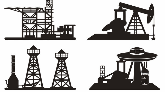 Industrial silhouettes, including derricks, water towers, and refining structures in black