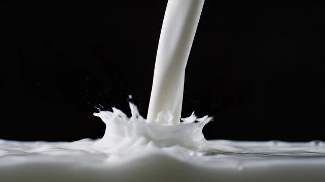 Milk splash on black background with flowing white liquid, crown motion and fresh dairy drink effect