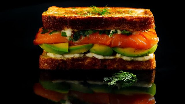 Gourmet smoked salmon and avocado sandwich stacked high on toasted bread