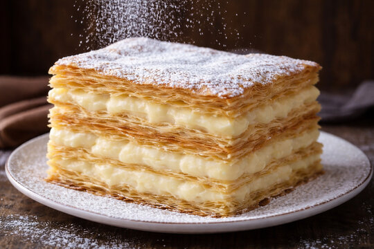 Mille-feuille with cream and powdered sugar on a white plate