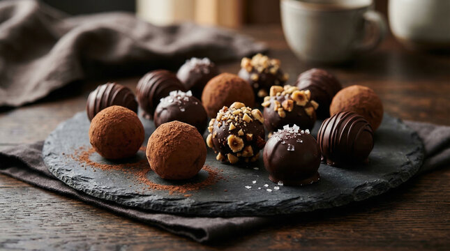 Assorted gourmet chocolate truffles and bonbons on a slate board