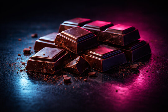Barras de chocolate em composi&ccedil;&atilde;o neon com luz azul e rosa sobre fundo escuro