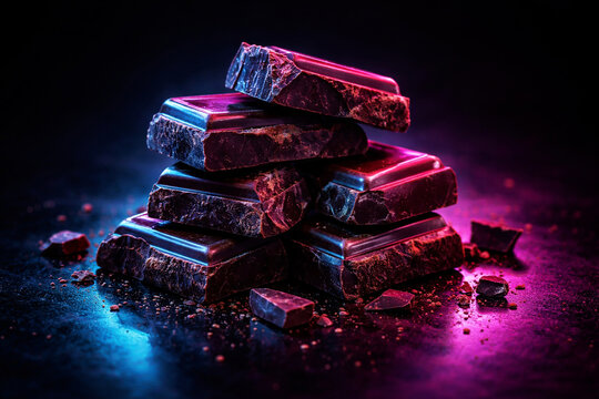 Barras de chocolate em composi&ccedil;&atilde;o neon com luz azul e rosa sobre fundo escuro