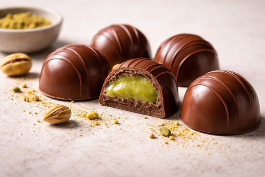Bombons de chocolate com recheio de pistache em fundo claro minimalista