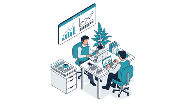 Isometric office workers at desks with computers and printer vector
