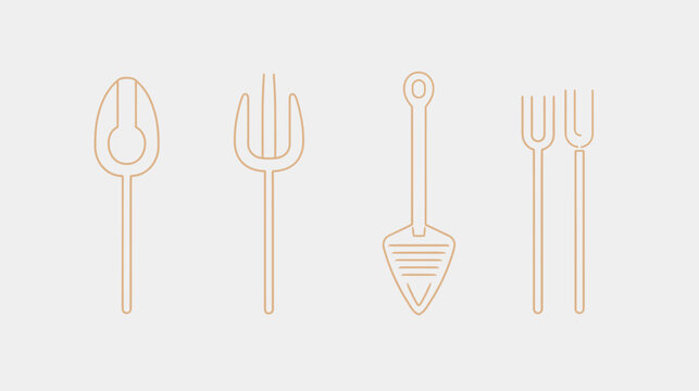 Garden tools illustrated in thin lines, spoon, fork, spade and rake on white background