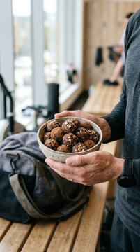Homem segurando bowl com trufas de chocolate em vesti&aacute;rio de academia