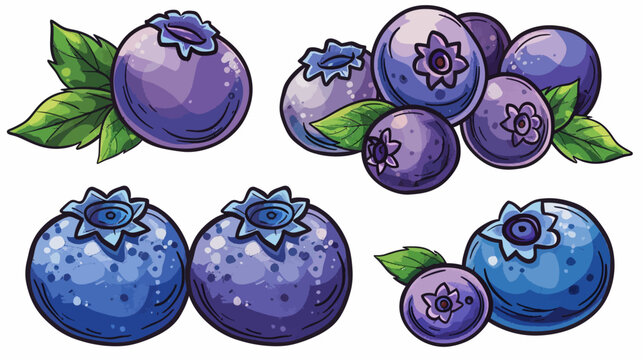 Watercolor-style illustration of blueberries with leaves, in various arrangements