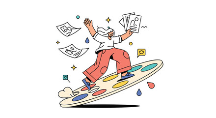 Fototapeta premium Vector illustration of stressed businessman surfing on paperwork