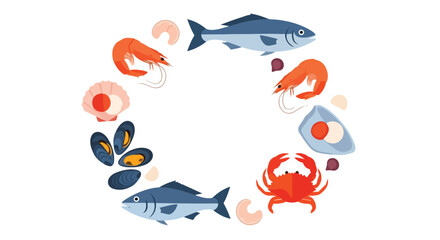 A vibrant vector illustration showcases a variety of fresh seafood, including fish, shrimp, crab, mussels, and scallops, arranged in a circular border on a clean white background. © Rayi