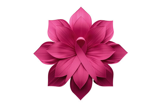 Pink ribbon inside a lotus flower symbolizing breast cancer awareness, support, health, and hope on transparent background