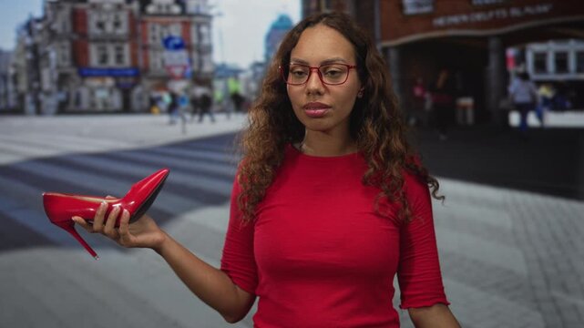 Woman holding red stiletto shoe and shrugging on a busy city street crosswalk; fashion choice confusion.