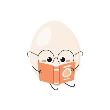Funny white egg cartoon character reading