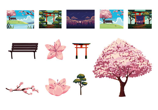 Japanese Sakura Landscape Illustration Set