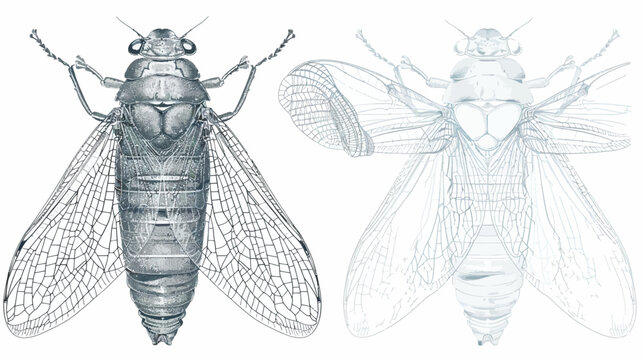 Detailed insects one shaded, one line drawing, wings spread on white background