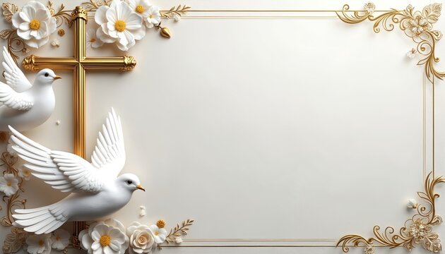 Elegant white background with doves, golden cross adorned with floral elements. Peaceful, spiritual design perfect for invitations, cards, religious ceremonies. Features delicate blossoms, ornate