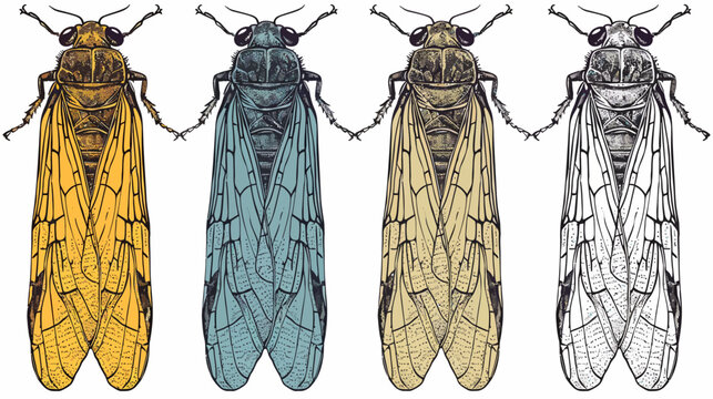 Four rendered cicadas, each a different color, with intricate wing detail and stylized linework
