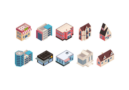 Isometric City Buildings Illustration Set