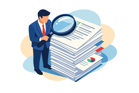 Businessman examining documents with magnifying glass.