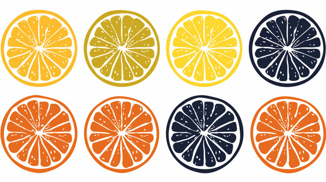Eight halved citrus fruits, arranged in a 2x4 grid, illustrated in various colors