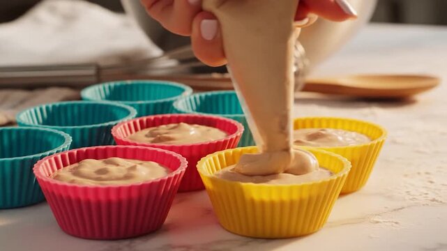 Preparing batter in colorful baking cups for sweet treats
