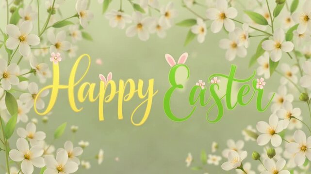 Happy Easter floral text with spring flowers soft nature background Happy Easter Typography