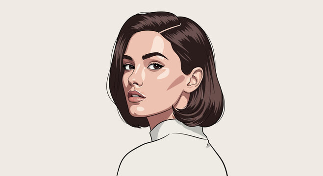 Stylish woman's portrait illustration with dark bob hairstyle and subtle makeup