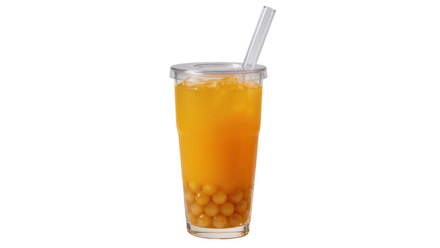 Vibrant orange boba tea drink in a clear plastic cup with a straw, filled with golden popping pearls, isolated PNG, refreshing summer beverage