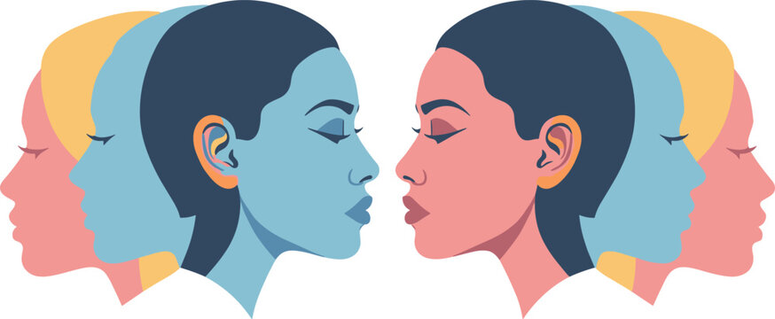 A stylized illustration of multiple colored heads facing each other on transparent background