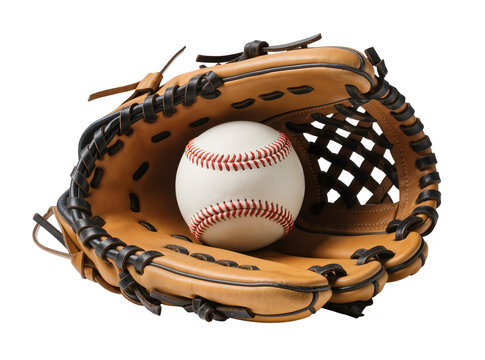 Brown leather baseball glove with a white baseball featuring red stitching, isolated PNG for sports equipment and game design assets