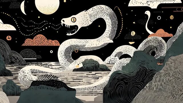 Snake and Serpent: A Moonlit Landscape Illustration in Stylized Graphics with Whimsical Night Sky Patterns - Fantasy Mythical Creature Vector Art Inspired by Asian Mythology