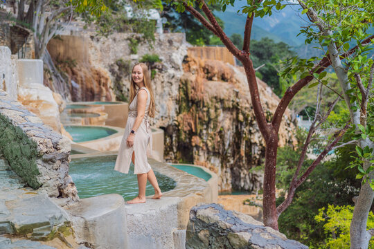 Female tourist exploring Grutas Tolantongo in Mexico, enjoying natural hot springs, scenic caves, and outdoor adventure. Travel, wellness, and sightseeing concept