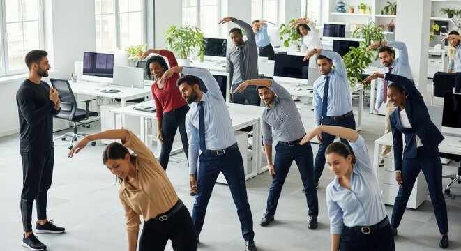 Diverse group of office employees doing stretching exercises with a fitness trainer in a modern workspace for workplace wellness.