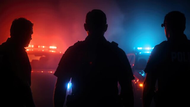 Night Watch: Police officers stand vigilant in the night, the flashing lights of their patrol vehicles painting the scene with a sense of urgency. A compelling depiction of law enforcement at work.