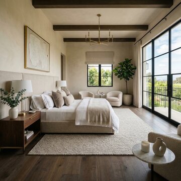 Organic Modern bedroom interior with limewash walls, exposed wood beams, neutral furnishings, and cozy sitting area