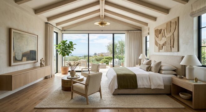 Spacious luxury bedroom interior with vaulted ceiling, floor to ceiling windows, modern furnishings, and panoramic landscape view