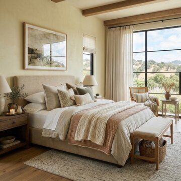 Cozy neutral bedroom interior with large windows, natural light, layered bedding, and scenic countryside view