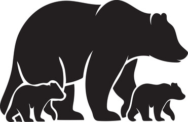 Fototapeta premium A black silhouette of a mother bear standing with her two small bear cubs, depicting a family of bears in a simple graphic style.