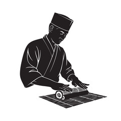 Expert Japanese Sushi Chef Rolling Maki Sushi with Bamboo Mat Silhouette Vector Illustration Black and White Design Asian Culinary Skill © SORIF