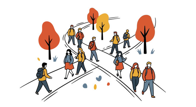 colorful illustration of people walking on crossroads in autumn