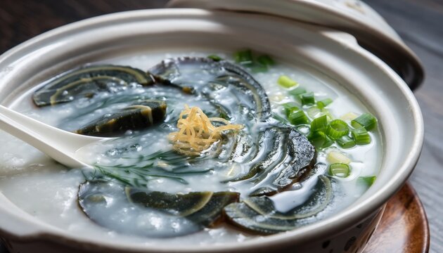 Delicious Warm Congee with Sliced Century Eggs Green Onions and Shredded Ginger in Bowl